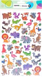 Stickerbogen mit 42 bunten Tiermotiven. Enthält Tiere wie Löwen, Giraffen, Koalas und Flamingos.