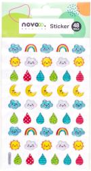 Stickerbogen mit 48 bunten Aufklebern. Motive sind Sonne, Wolken, Regenbogen, Tropfen und Monde.