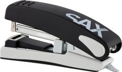 Schwarzer Hefter mit grauem Logo. Kompakte Form mit abgerundeten Kanten.