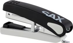 Schwarzer Tacker mit silberner Metallmechanik. Kompakte Form mit grauem Fuß.