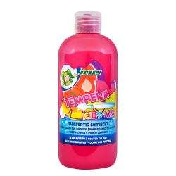 Flasche mit pinker Temperafarbe für Kinder. Aufschrift 'Tempera Kids Mix' und bunte Grafiken.