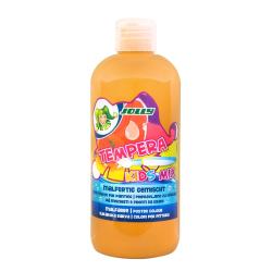 Flasche mit orangefarbener Temperafarbe für Kinder. Aufschrift mit bunten Farben und einem Clown-Logo.