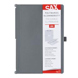 graues, faltbares Klemmbrett. A4-Format. Hält bis zu 30 Blätter. Mit elastischer Stiftschlaufe und Verschlussband.