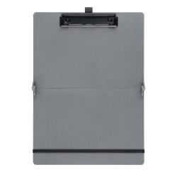 graues, faltbares Klemmbrett. A4-Format. Hält bis zu 30 Blätter. Mit elastischer Stiftschlaufe und Verschlussband.
