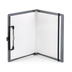 graues, faltbares Klemmbrett. A4-Format. Hält bis zu 30 Blätter. Mit elastischer Stiftschlaufe und Verschlussband.