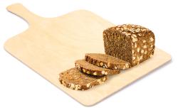 Holzschneidebrett in rechteckiger Form mit abgerundeten Ecken. Die Oberfläche ist glatt und hell.