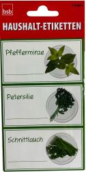 Haushaltsetiketten mit drei Kräutern. Oben: Pfefferminze, mittig: Petersilie, unten: Schnittlauch. Jede Etikette hat Platz für Beschriftung.