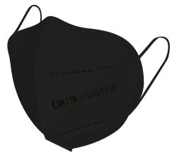 Schwarze FFP2-Maske mit Ohrenschlaufen. Sie hat eine dreidimensionale Form.