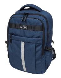 blauer Rucksack mit zwei Hauptfächern und einem vorderen Reißverschlussfach. Tragegriffe und gepolsterte Schulterriemen.