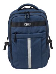 blauer Rucksack mit zwei Hauptfächern und einem vorderen Reißverschlussfach. Tragegriffe und gepolsterte Schulterriemen.