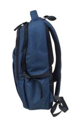 blauer Rucksack mit zwei Hauptfächern und einem vorderen Reißverschlussfach. Tragegriffe und gepolsterte Schulterriemen.