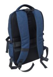 blauer Rucksack mit zwei Hauptfächern und einem vorderen Reißverschlussfach. Tragegriffe und gepolsterte Schulterriemen.