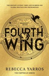 Buchcover mit goldenem Hintergrund. Titel: Fourth Wing, Autorin: Rebecca Yarros.