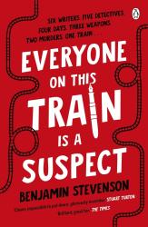 Buchcover mit rotem Hintergrund. Titel: 'Everyone on this Train is a Suspect', von Benjamin Stevenson.