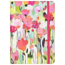 Notizbuch mit buntem Blumenmuster in Pink- und Grüntönen. Es hat einen elastischen Verschluss.