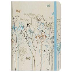 Notizbuch mit floralem Design in sanften Farben. Auf der Vorderseite sind Pflanzen und Schmetterlinge abgebildet.