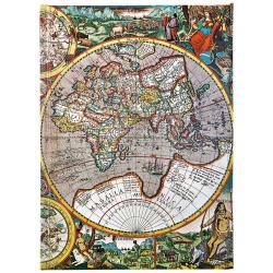 Historische Weltkarte mit bunten Kontinenten und Zeichnungen. Umrandungen in Rot und Gelb.