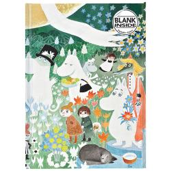 Buchcover mit bunten Illustrationen von Mumin-Figuren. Titel 'BLANK INSIDE' in einer Ecke.