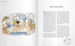 Buchcover mit dem Titel 'Polly und Pelle in der Küche'. Zwei Kinder stehen in einer Küche, umgeben von Lebensmitteln.