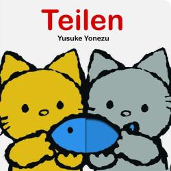 Buchcover mit dem Titel 'Teilen'. Zwei cartoonartige Katzen, eine gelbe und eine graue, halten einen blauen Fisch.
