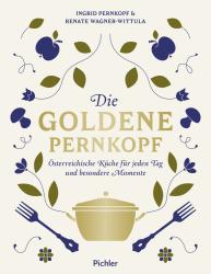 Buchcover mit dem Titel 'Die goldene Pernkopf'. Design mit floralen Elementen und einem Topf.
