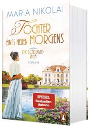 Buchcover von 'Töchter eines neuen Morgens'. Eine Frau in einem langen, hellen Kleid steht vor einem Schloss am Wasser.
