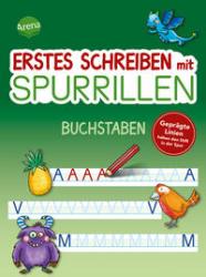 Buchcover für 'Erstes Schreiben mit Spurrillen'. Grüner Hintergrund. Illustrationen von Tieren und Pflanzen. Geprägte Linien zum Schreiben üben.