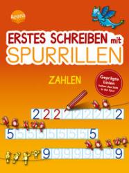 Buchcover mit dem Titel 'Erstes Schreiben mit Spurrillen - Zahlen'. Orange Hintergrund. Illustrationen von Drachen und kleinen Figuren. Zahlen in blauer Schrift, große und kleine Ziffern.
