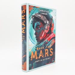 Buchcover mit dem Titel Back to Mars. Eine Person in einem Raumanzug mit einem nachdenklichen Ausdruck.