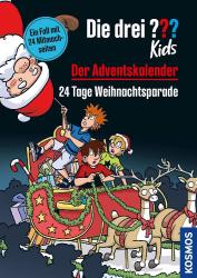 Cover des Buches 'Die drei ??? Kids - Der Adventskalender'. Drei Kinder in einem Schlitten, Weihnachtsmann im Hintergrund.