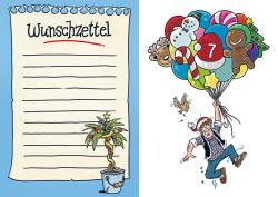 Bunte Ballons mit Weihnachtsmotiven, darunter Schneemann, Rentier, Lebkuchenmann, Stern und Tannenbaum. Ein Mann mit Brille und Weihnachtsmütze hält die Ballons hoch, eine kleine Taube fliegt vorbei.