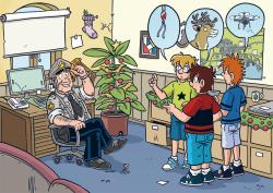 Illustration eines Büros mit einem Polizisten, einem Weihnachtsbaum, drei Kindern, die über Drohnen und Rehgeweih sprechen, und Weihnachtsdekorationen. Der Raum ist bunt und festlich gestaltet.