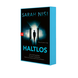 Buchcover mit dem Titel 'Haltlos' von Sarah Nisi. Dunkler Hintergrund mit einer silhouettierten Figur in einem Flur.