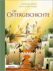 Buchcover mit dem Titel 'Die Ostergeschichte'. Bunte Illustration von Menschen mit Palmzweigen und einer Stadt im Hintergrund.