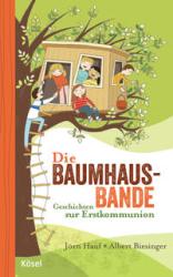 Buchcover mit dem Titel 'Die Baumhaus-Bande'. Kinder spielen in einem Baumhaus, fröhliche Farben.