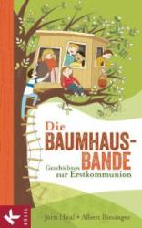Buchcover mit dem Titel 'Die Baumhaus-Bande'. Kinder spielen in einem Baumhaus, fröhliche Farben.