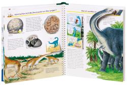 Buchcover mit dem Titel 'Wir erforschen die Dinosaurier'. Abbildung eines großen Dinosauriers und mehrere kleinere Dinosaurier in verschiedenen Farben.