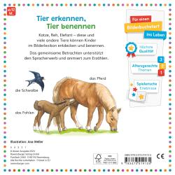 Buchcover mit dem Titel 'Mein allererstes Tier-Lexikon'. Illustrationen von verschiedenen Tieren wie Hund, Katze, Löwe und Vogel.