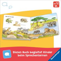 Buchcover mit dem Titel 'Mein allererstes Tier-Lexikon'. Illustrationen von verschiedenen Tieren wie Hund, Katze, Löwe und Vogel.
