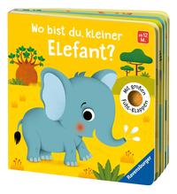 Buchcover mit Titel 'Wo bist du, kleiner Elefant?'. Abgebildet ist ein blauer Elefant in einer bunten Landschaft.