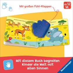 Buchcover mit Titel 'Wo bist du, kleiner Elefant?'. Abgebildet ist ein blauer Elefant in einer bunten Landschaft.