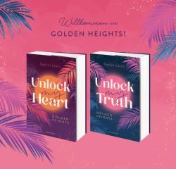 Buchcover von 'Unlock my Truth' von Saskia Louis. Bunte Gestaltung mit Palmen und einem leuchtenden Hintergrund.