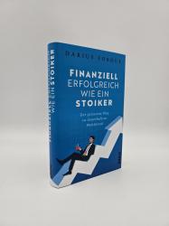 Buchcover mit dem Titel 'Finanziell erfolgreich wie ein Stoiker'. Hintergrund in Blau, Grafik mit aufsteigender Linie und einer Figur, die entspannt wirkt.