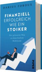Buchcover mit dem Titel 'Finanziell erfolgreich wie ein Stoiker'. Hintergrund in Blau, Grafik mit aufsteigender Linie und einer Figur, die entspannt wirkt.