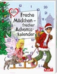 Adventskalender mit dem Titel 'Freche Mädchen - frecher Adventskalender'. Abgebildet sind ein Junge im Weihnachtsoutfit und ein Mädchen mit Flügeln.