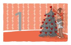 Zwei Menschen stehen vor einem geschmückten Weihnachtsbaum mit roten Herzen und Kerzen. Eine Person trägt einen orangefarbenen Pullover, die andere einen grauen Mantel.