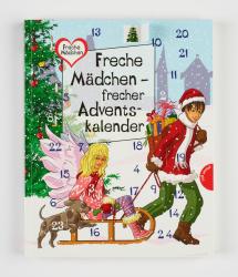Weihnachtliches Adventskalender-Design mit einem Weihnachtsbaum, einer Fee mit Flügeln, einem Jungen in Weihnachtskleidung und einem Hund. Zahlreiche Zahlen für die Türchen des Kalenders.