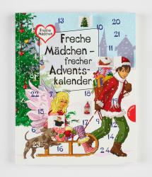 Weihnachtskalender mit winterlichem Hintergrund, Figuren und Zahlen. Enthält einen Adventskalender mit Türchen und festlicher Dekoration.
