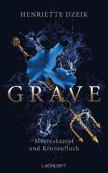 Buchcover mit dem Titel 'GRAVE'. Blaues Blumenmotiv und ein Dreizack, Hintergrund in dunklen Farben.