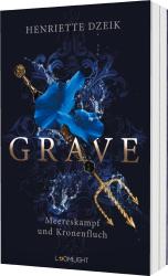 Buchcover mit dem Titel 'GRAVE'. Blaues Blumenmotiv und ein Dreizack, Hintergrund in dunklen Farben.